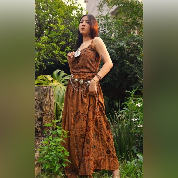 Puzzlestack Dresses & Skirts - Brown Maxi Skirt and Top Set— Boho Floral Print Women's Maxi